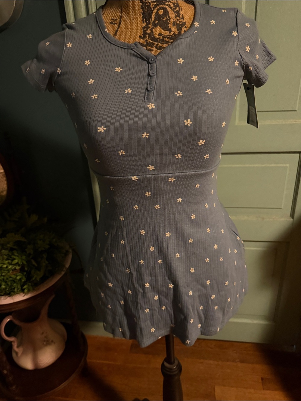 art class Dusty Blue Ribbed Floral Button-Front Dress